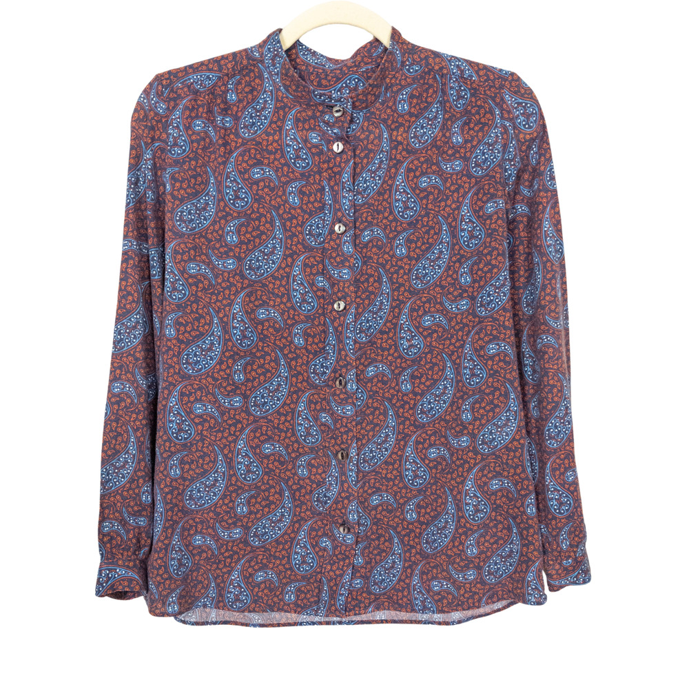 A.P.C. Red Blue Paisley Print Long Sleeve Shirt Mandarin Collar Women's XS